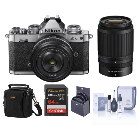 Nikon Z fc DX-Format Mirrorless Camera, Silver, with 28mm f/2.8 and 50-250mm f/4.5-6.3 Lens, Bundle with 64GB Memory Card, Bag, 62mm and 52mm Filter Kit