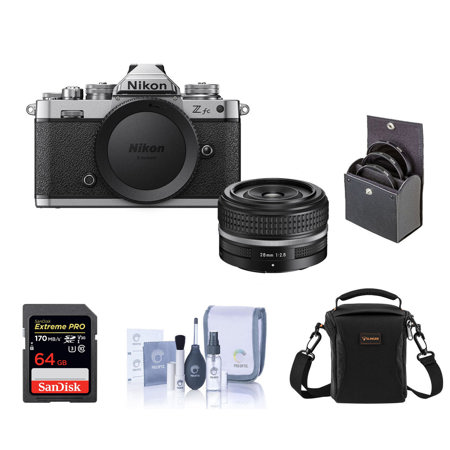 Nikon Z fc DX-Format Mirrorless Camera with NIKKOR Z 28mm f/2.8 (SE) Lens Bundle with 64GB SD Card, Shoulder Bag, Filter Kit, Cleaning Kit