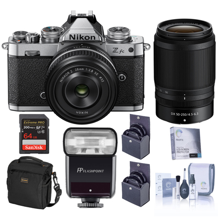 Nikon Z fc DX-Format Mirrorless Camera, Silver, with 28mm f/2.8 and 50-250mm f/4.5-6.3 Lens, Bundle with Zoom-Mini TTL R2 Flash, 64GB Memory Card, Bag, 62mm and 52mm Filter Kit