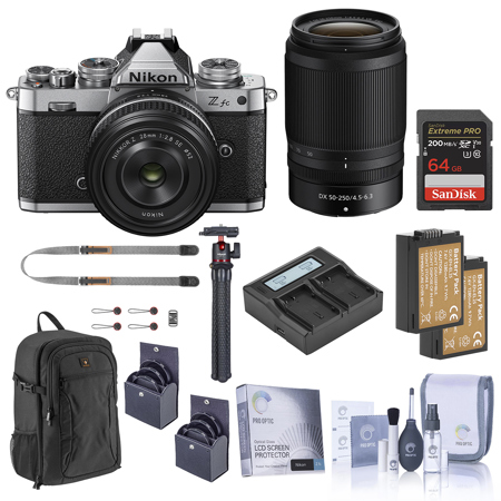 Nikon Z fc DX-Format Mirrorless Camera, Silver, with 28mm f/2.8 and 50-250mm f/4.5-6.3 Lens, Bundle with 64GB Memory Card, Backpack, 2x Extra Battery, Tripod, 62mm and 52mm Filter Kit