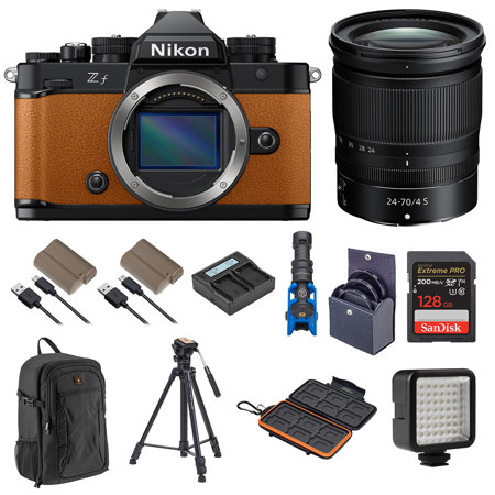 Nikon Z f Mirrorless Camera, Orange with NIKKOR Z 24-70mm f/4 S Lens, Bundle with 2x Battery, 128GB Memory Card, Shotgun Microphone, Tripod and Backpack