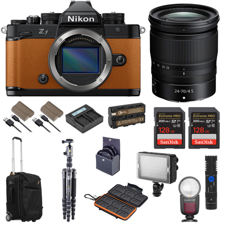 Nikon Z f Mirrorless Camera, Orange with NIKKOR Z 24-70mm f/4 S Lens, Bundle with 2x 128GB Memory Card, 2x EN-EL15c Battery, Shotgun Microphone, VEO 3 GO 204CP Tripod, NP-F550 Battery and Speedlight
