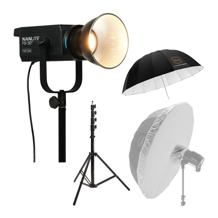 Nanlite FS-300C RGBW COB LED Video Spotlight, Bundle with 65" Easy Lock Umbrella, Umbrella Diffuser and 9.5' Air-Cushioned Light Stand