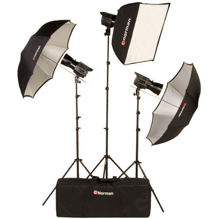 Norman DP320-KIT5 Three Light Studio Portrait Kit, with 3 DP320 Monolights, 10' Light Stands, WB45 White Umbrellas, 24" Square Soft Box, Speed Ring & Case