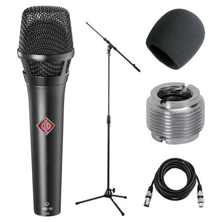 Neumann KMS 105 Supercardiod Vocal Condenser Microphone, Black Bundle with Tripod Mic Stand, XLR Cable and Windscreen