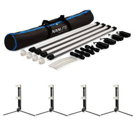 NanLite PavoTube II 30C 4' 60W RGBWW LED Tube 4-Light Kit, Bundle with 4x Foldable Floor Stand