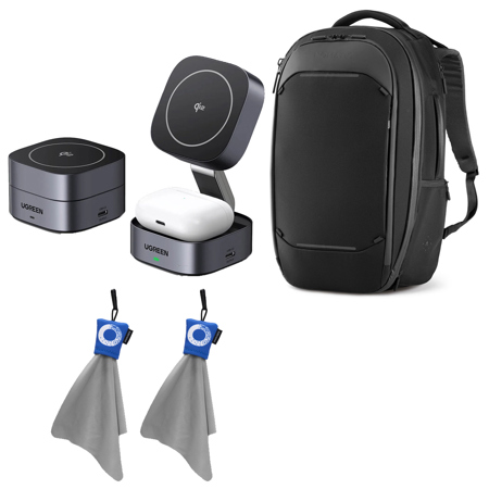 Nomatic Navigator 32L Travel Backpack, Black, Bundle with UGREEN Qi2 2-In-1 Magnetic Foldable Fast Charging Station, Micro-Fiber Cleaning Cloth