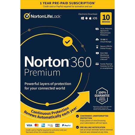 Norton 360 Premium 1-Year Security Software License, 10-Devices, Key Card