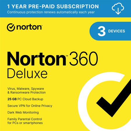 Norton 360 Deluxe 1-Year Security Software License, 1-User, 3-Devices, Download