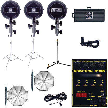 Novatron D1000 - 3 head Kit (6801 case) 1000 WS Digital Power pack with 3 heads, 3 stands, 2 umbrellas, case & sync cord