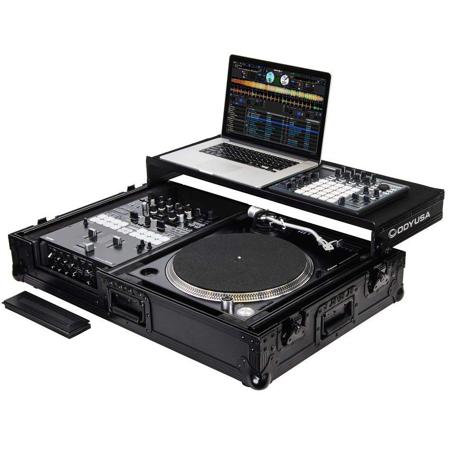 Odyssey Innovative Designs Black Label Low Profile Glide Style Series Coffin with Wheels for 10" Format DJ Mixer and One Turntable In Battle Position, Black