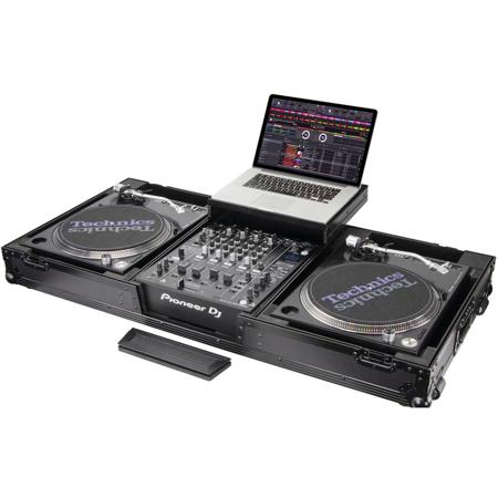 Odyssey Innovative Designs Black Label Low Profile Glide Style Series Coffin with Wheels for 12" Format DJ Mixer and Two Turntables In Battle Position, Black/Silver