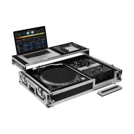Odyssey Innovative Designs Flight Zone Low Profile Glide Style Series DJ Coffin with Wheels for 10" Format DJ Mixer and One Turntable In Battle Position, Black/Silver