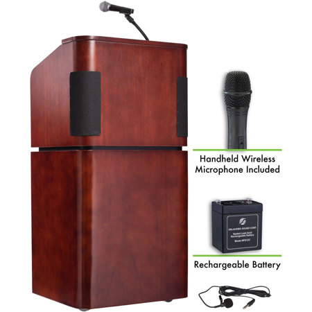 Oklahoma Sound Veneer 950/901 Tabletop & Base Combo Sound Lectern with Rechargeable Battery and Wireless Handheld Mic, Mahogany/Walnut