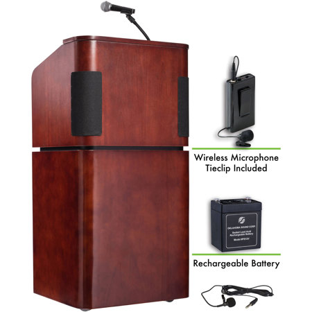 Oklahoma Sound Veneer 950/901 Tabletop & Base Combo Sound Lectern with Rechargeable Battery and Wireless Tie Clip/Lavalier Mic, Mahogany/Walnut