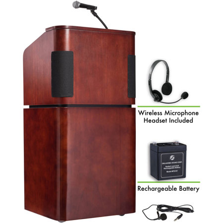 Oklahoma Sound Veneer 950/901 Tabletop & Base Combo Sound Lectern with Rechargeable Battery and Wireless Headset Mic, Mahogany/Walnut