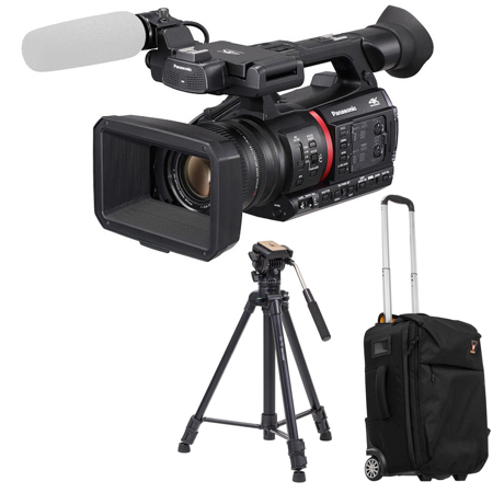 Panasonic AG-CX350 4K Camcorder, Bundle with 3-Section Aluminum Video Tripod, Roller Bag