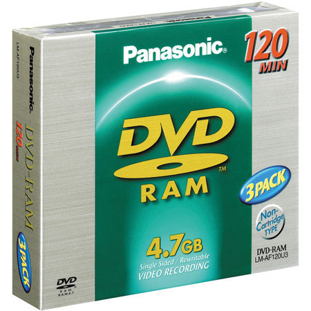 Panasonic DVD-RAM Disc for Video Recording, 120 Minutes, 4.7 GB, without Cartridge, 3 pack.
