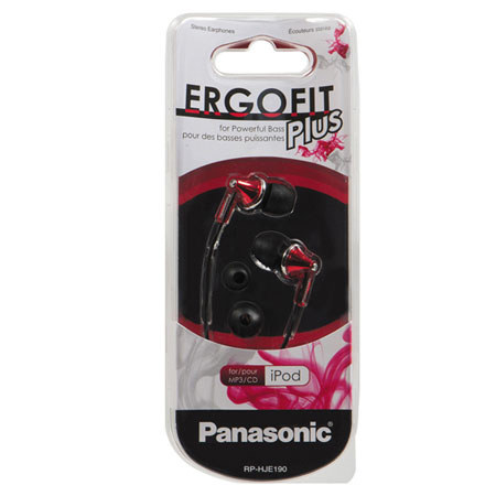 Panasonic RP-HJE190 ErgoFit Plus Long Port Fashion Earbuds, Red
