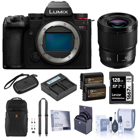 Panasonic LUMIX S5II Mirrorless Camera, Black, with LUMIX S 50mm f/1.8 Lens, Bundle with 128GB Memory Card, Alpine 190 Backpack, 2x Extra Battery, Dual Charger, 2x Charger Plate and Filter Kit