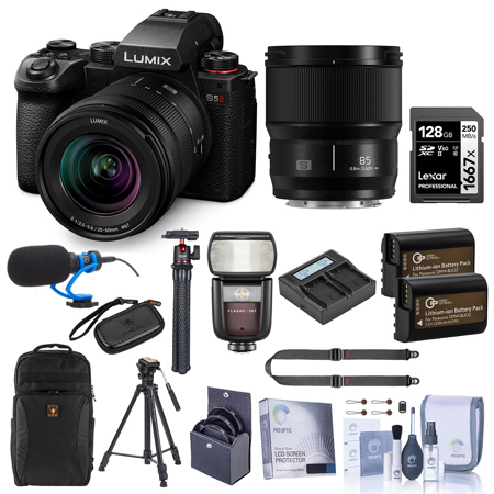 Panasonic LUMIX S5II Mirrorless Camera, Black, with LUMIX S 20-60mm f/3.5-5.6 and 85mm f/1.8 Lens, Bundle with Flash, 128GB Memory Card, Backpack, 2x Extra Battery, 2x Charger Plate, Aluminum Tripod, Microphone, Octopus Tripod and Filter Kit