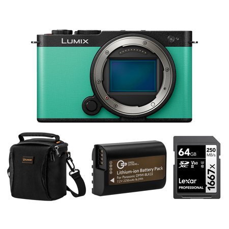 Panasonic LUMIX S9 Mirrorless Camera, Mint Green, Bundle with SILVER Series Professional 1667x 64GB UHS-II SDXC Memory Card, Alpine 120 Multi-Device Shoulder Bag, DMW-BLK22 7.2V 2250mAh Lithium-Ion Rechargeable Battery Pack