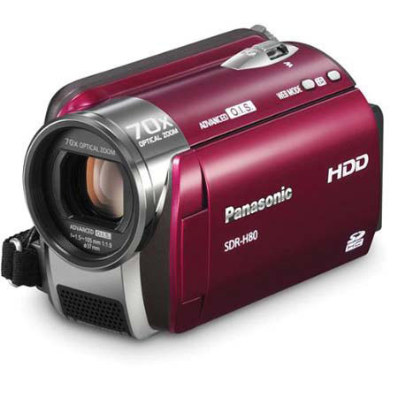 Panasonic SDR-H80R 60GB HDD/SD Card Standard Definition Camcorder, 70x Optical Zoom, 2.7" LCD Screen, Red
