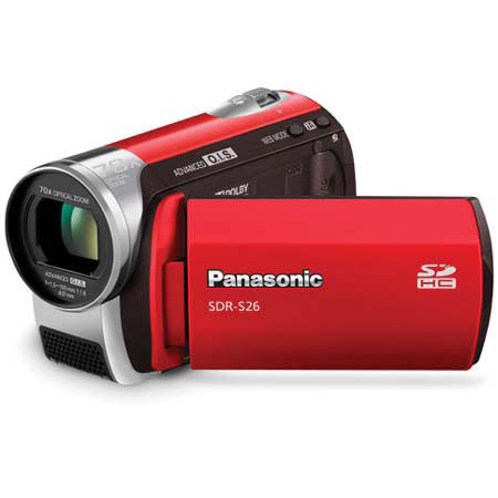 Panasonic SDR-S26 SD Card Standard Definition Camcorder, 70x Optical Zoom, 2.7" LCD Screen, Red