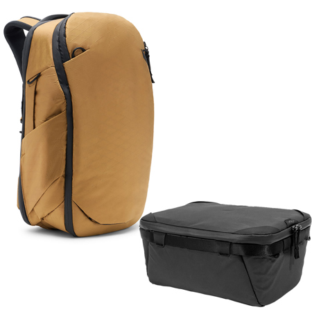 Peak Design 30L Travel Backpack, Coyote, Bundle with Camera Cube V2, Small/Medium, Black