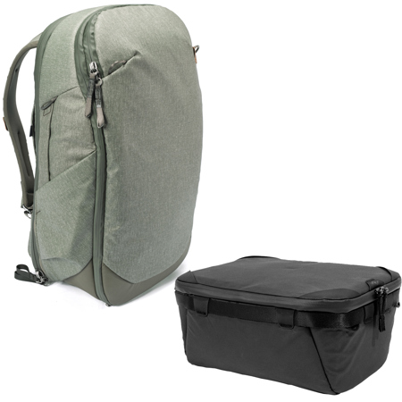 Peak Design 30L Travel Backpack, Sage, with Camera Cube V2, Small/Medium, Black