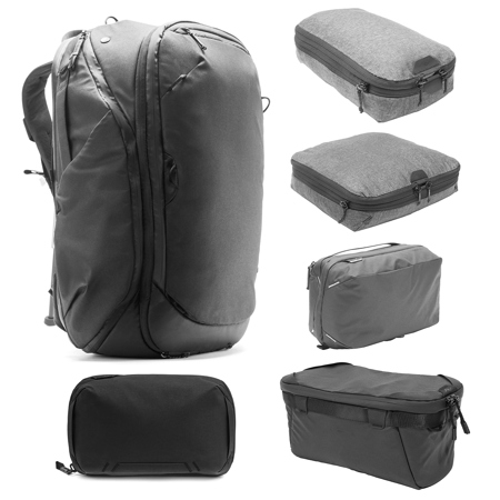 Peak Design Photo Travel Bundle with 45L Backpack Black, Peak Packing Cube Small, Peak Packing Cube Medium, Peak Design Tech Pouch Black, Peak Design Wash Pouch Black, Peak Design Camera Cube Small