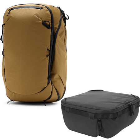 Peak Design 45L Travel Backpack, Coyote, Bundle w/Camera Cube V2, Medium, Black