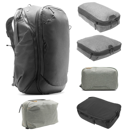 Peak Design Photo Travel Bundle with 45L Backpack Sage, Peak Packing Cube Small, Peak Packing Cube Medium, Peak Design Tech Pouch Sage, Peak Design Wash Pouch Sage, Peak Design Camera Cube Large