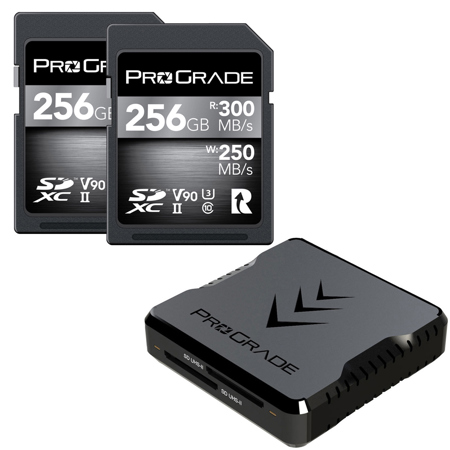 Prograde Digital CFexpress Type B and UHS-II SDXC Dual-Slot USB 3.2 Gen 2 Card Reader, Bundle with 2x 256GB SDXC UHS-II U3 Class 10 V90 Cobalt Memory Card