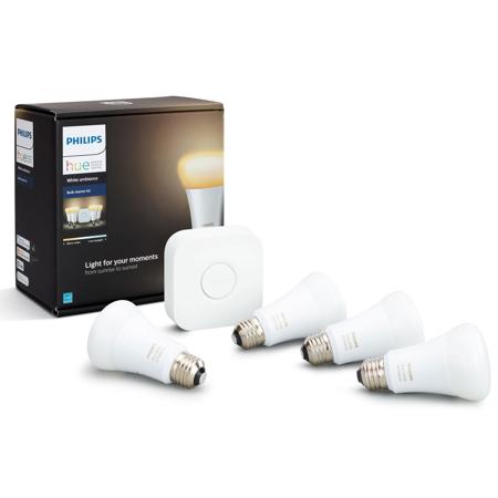 Philips Hue A19 Starter Kit, Hue A19 4x White Ambiance Light Bulbs & Hue Bridge