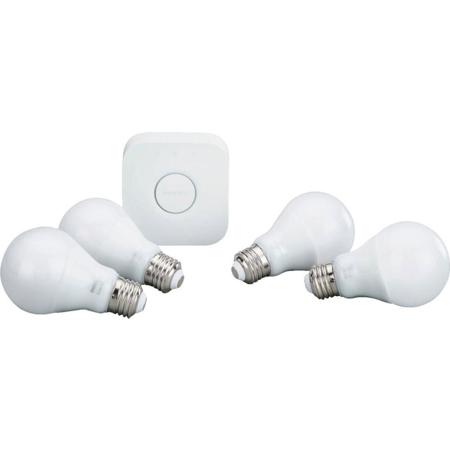 Philips Hue A19 Starter Kit, 4x Hue A19 White E26 Base Light Bulbs & Hue Bridge