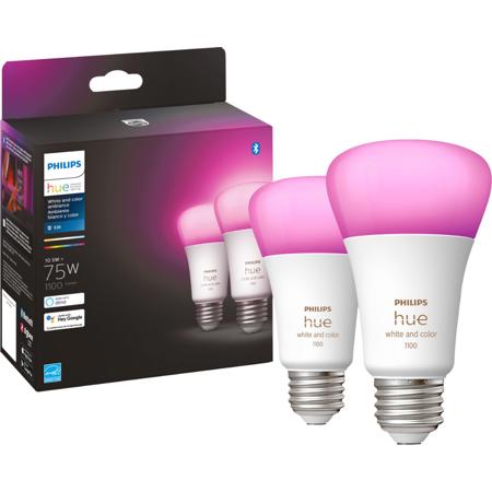Philips Hue White and Color Ambiance A19 Bluetooth 75W Smart LED Bulb, 2-Pack