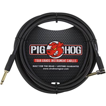 Pig Hog Vintage Series 10' Instrument Cable with Gold Plated 1/4"-1/4" Right Angle Connector, Black Woven