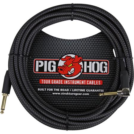 Pig Hog Vintage Series 20' Instrument Cable with Gold Plated 1/4"-1/4" Right Angle Connector, Black Woven