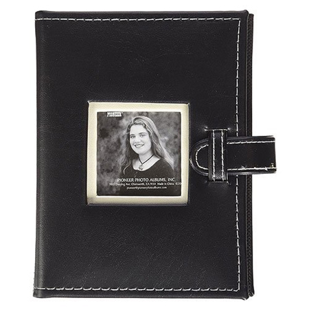 Pioneer Photo Album Sewn Frame Mini Bound Photo Album with Built-In Picture Frame and Front Strap, Holds 24 4x6" Photos, 1 Per Page, Black
