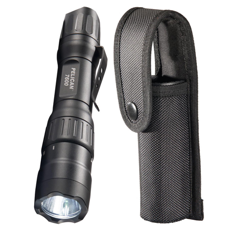 Pelican 7600 USB-C Rechargeable Tactical Tri-Color Flashlight with Holster, Black
