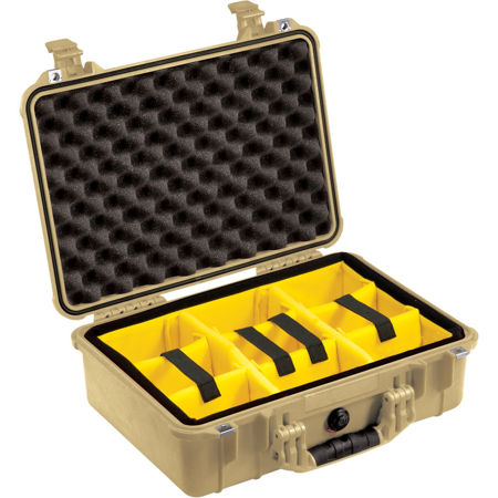 Pelican 1500 Waterproof Case with Yellow/Black Divider Set - Desert Tan