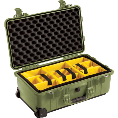 Pelican 1510 Waterproof Carry-on-Case with Yellow/Black Divider Set and Wheels - Olive Drab Green