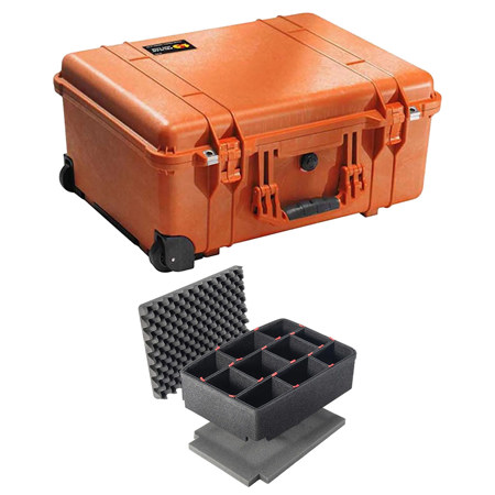 Pelican 1560 Watertight Wheeled Hard Case with Cubed Foam, Orange, Bundle with Divider Kit