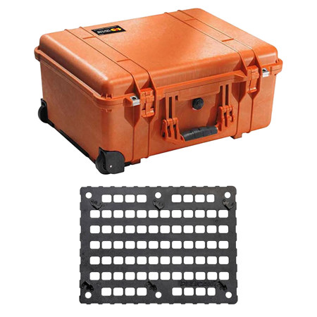 Pelican 1560 Watertight Wheeled Hard Case with Cubed Foam, Orange, Bundle with 1560MP EZ Click MOLLE Panel Lid Organizer
