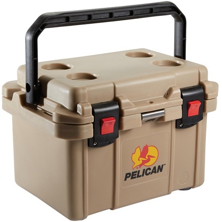 Pelican Progear 20QT Polyethylene Elite Cooler with Cup Holders Lid & Opener,Tan
