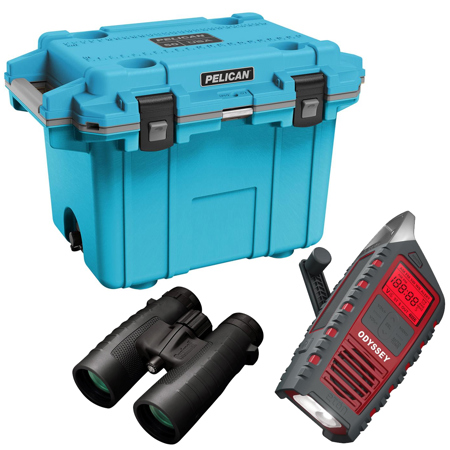 Pelican 50QT Elite Cooler, Cool Blue/Gray, w/10x42 Binoculars & Emergency Radio