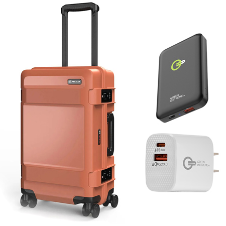 Pelican ATX 22" Waterproof Wheeled Carry-On Hard Travel Case, Iron Clay, Bundle with Wireless Portable Power Bank and 20W 2-Port Wall Charger