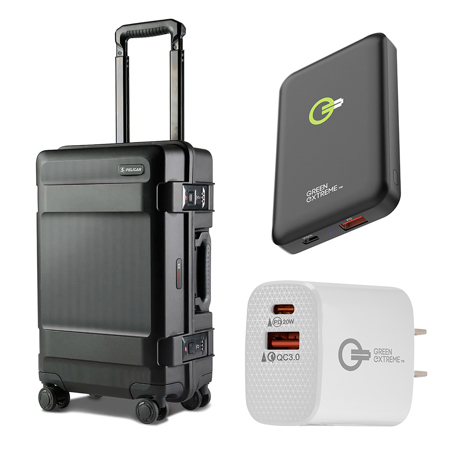 Pelican ATX 22" Waterproof Wheeled Carry-On Hard Travel Case, Black, Bundle with Wireless Portable Power Bank and 20W 2-Port Wall Charger