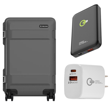 Pelican ATX 22" Waterproof Wheeled Carry-On Hard Travel Case, Charcoal, Bundle with Wireless Portable Power Bank and 20W 2-Port Wall Charger